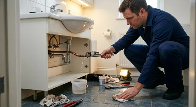Plumber repairing a burst pipe under a sink