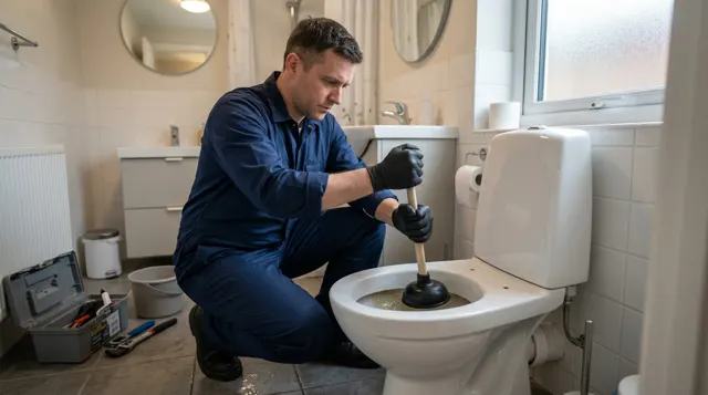 Plumber clearing an overflowing toilet with a plunger