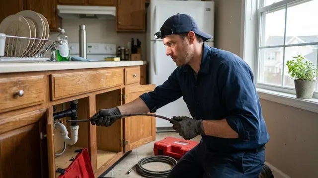 Plumber clearing a clogged kitchen drain with a drain snake