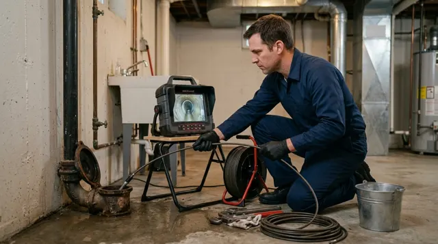 Plumber running a sewer camera inspection in a basement