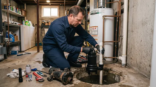 Plumber servicing a basement sump pump