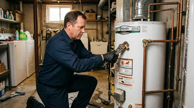 Plumber repairing a residential water heater